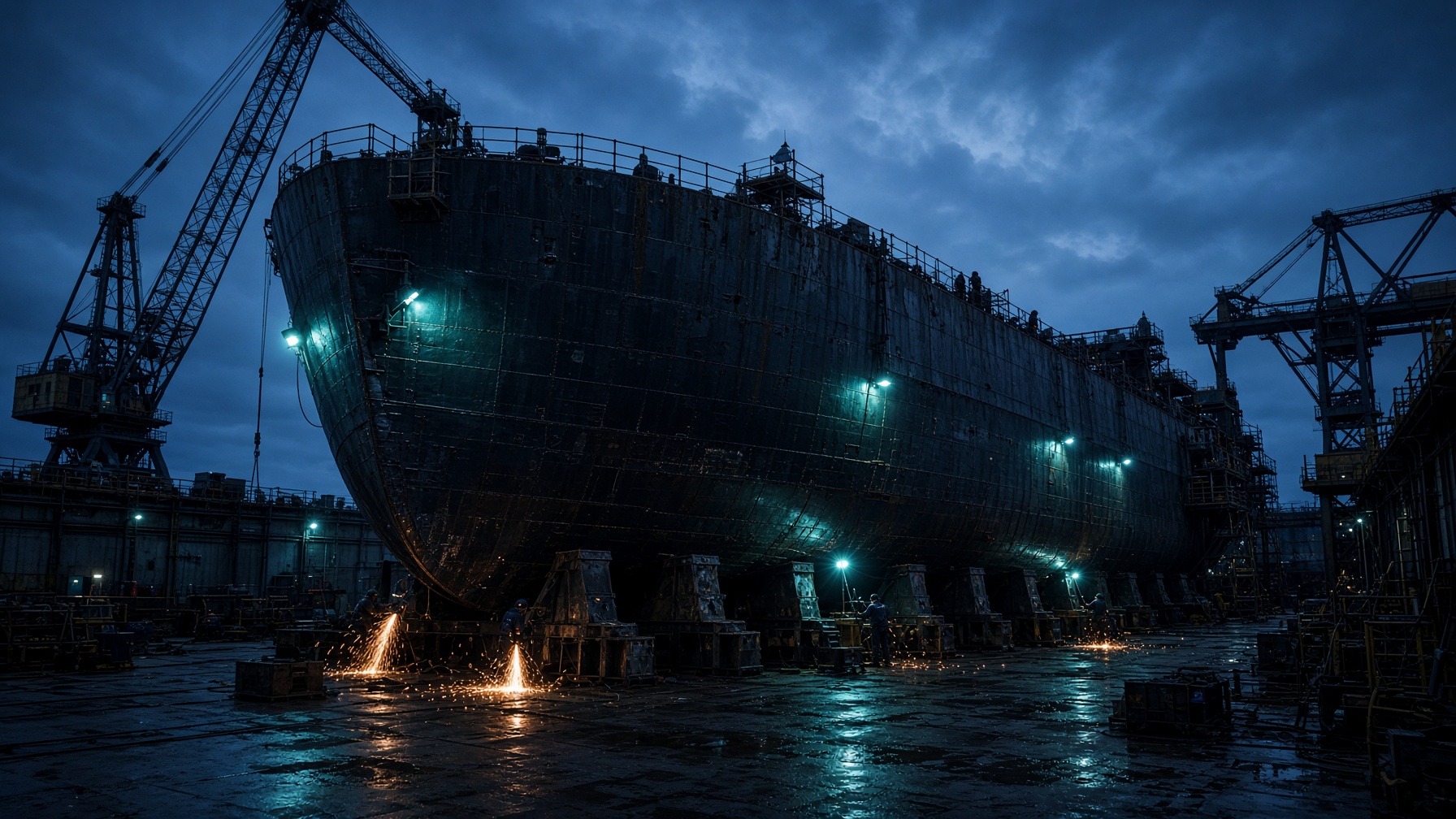 A recovered hull in dry dock being refurbished at blue hour.