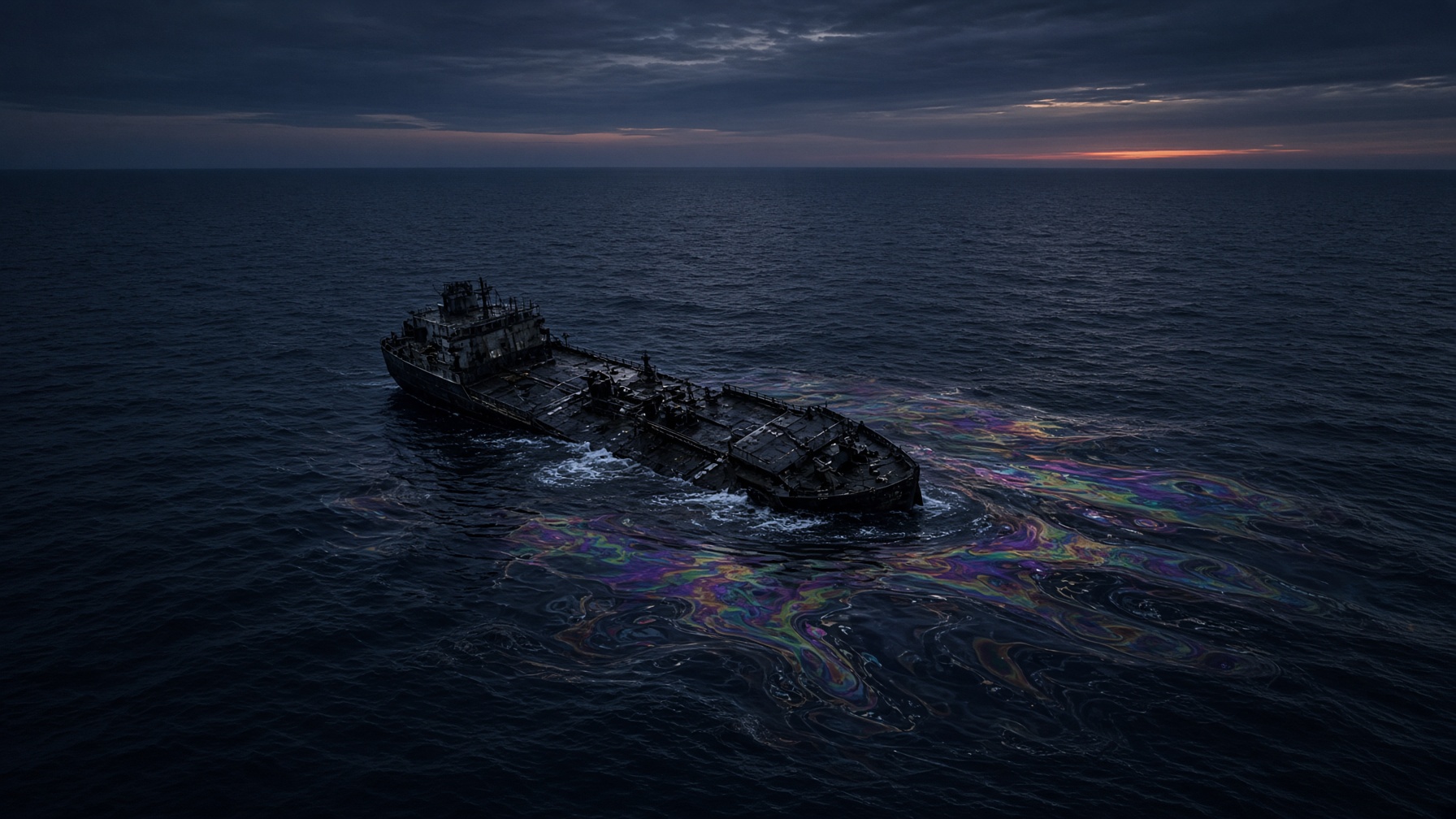A vessel sinking into the Pacific with an oil sheen spreading from the hull.